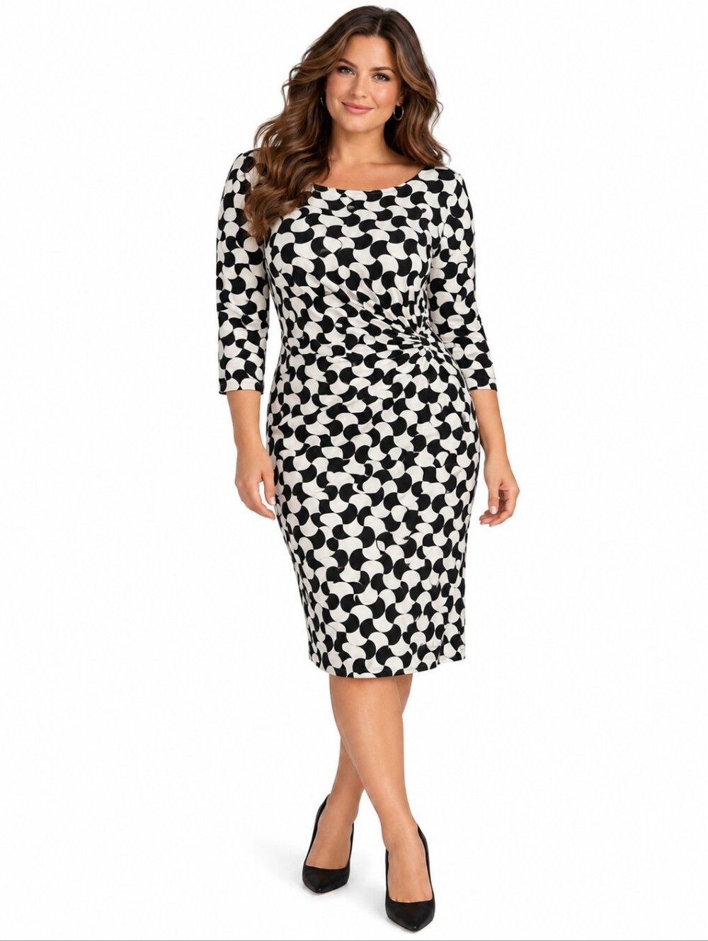 Talbots Woman 1X Black White Geometric Ruched Twist Waist Midi Dress